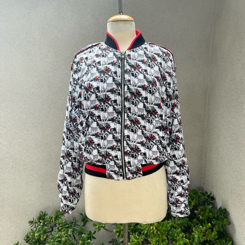 Vintage 80s bomber jacket Tennis theme polyester Sz M by Tail Side pockets